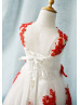 Beaded Red Lace Tulle Corset Back Knee Length Flower Girl Dress